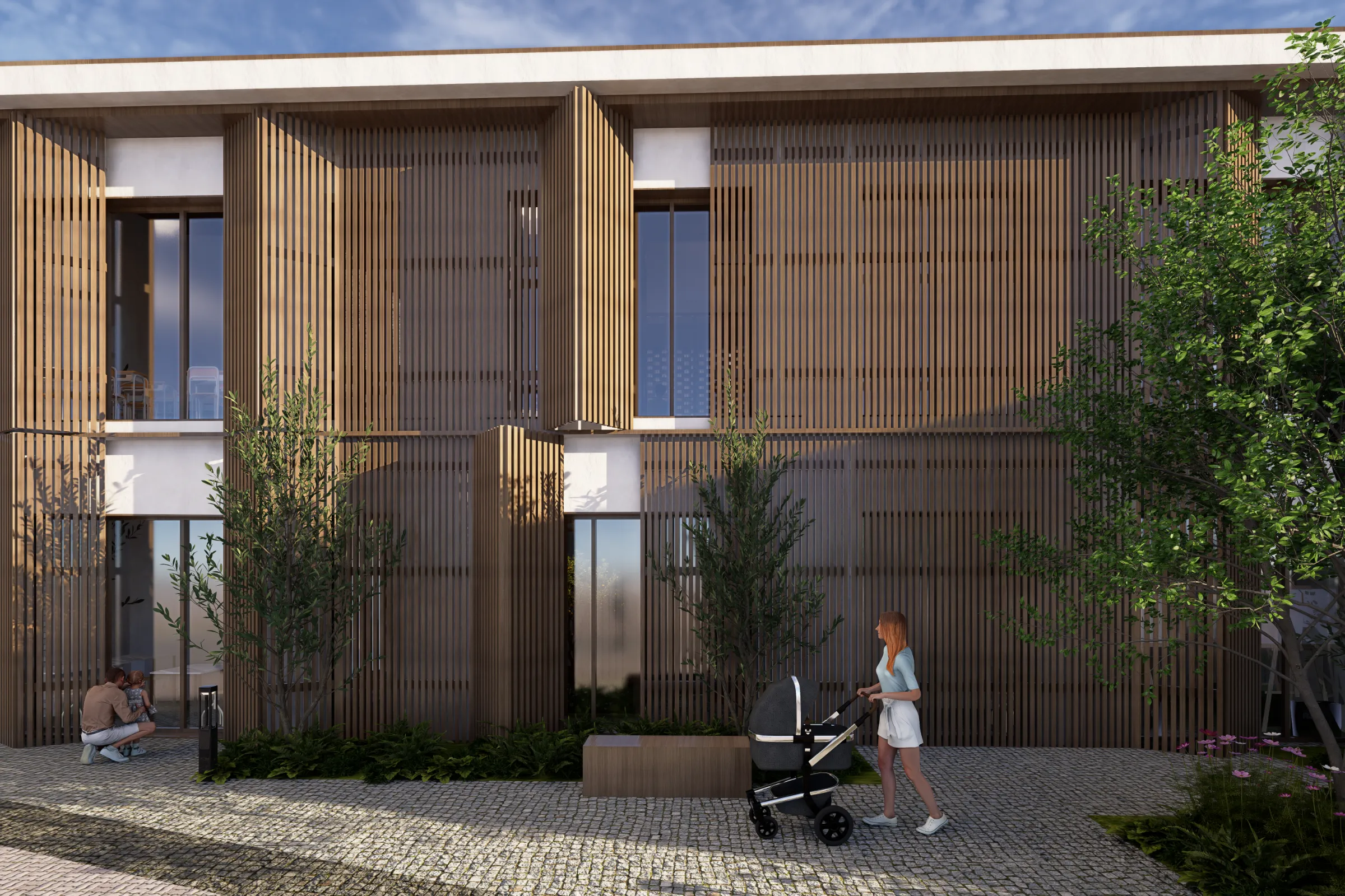 Street-level façade of adjustable vertical timber shading panels, with a parent pushing a pram along the paved street