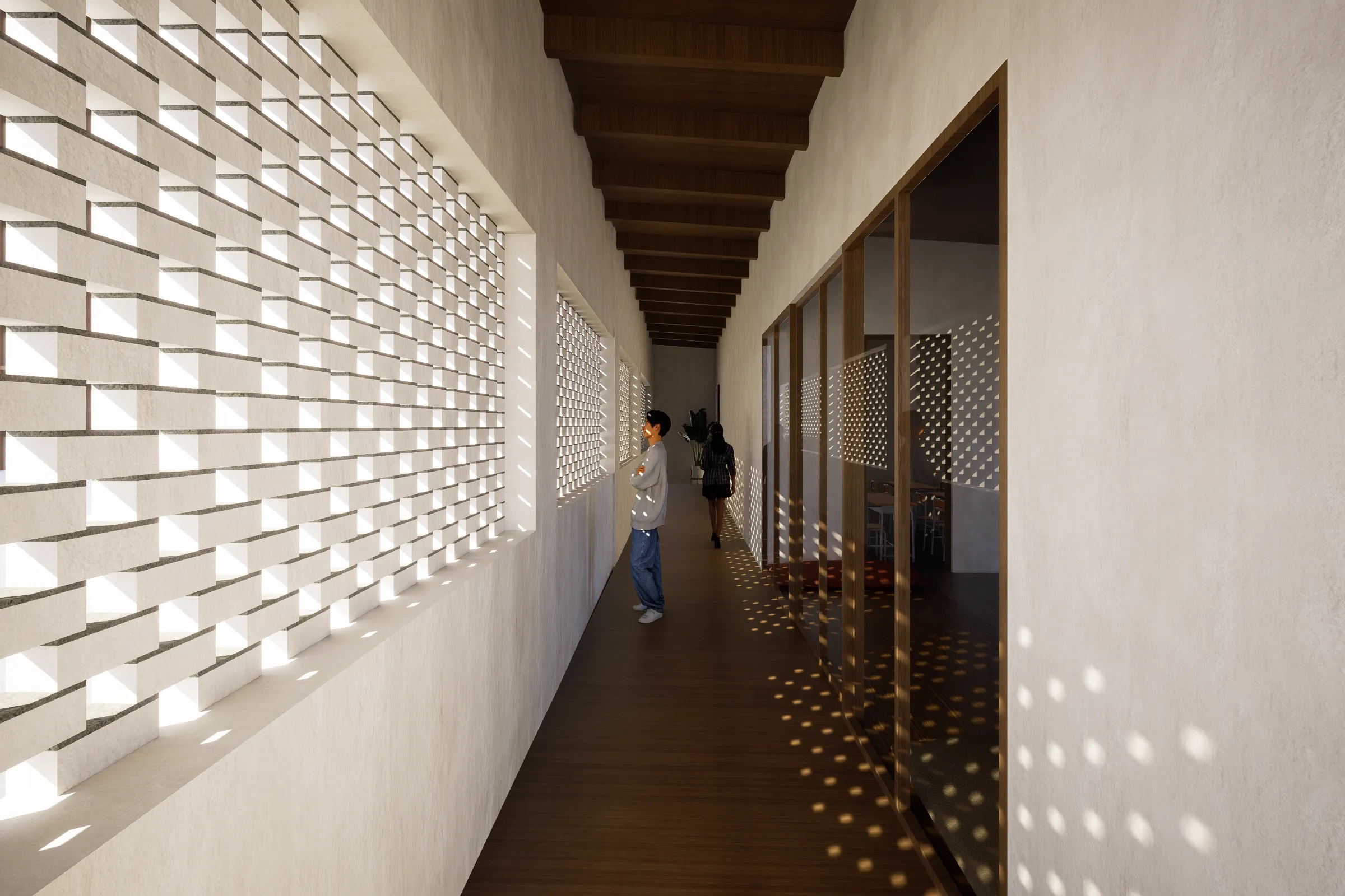 Interior corridor lit through a perforated brick screen, with patterns of daylight falling across the timber floor