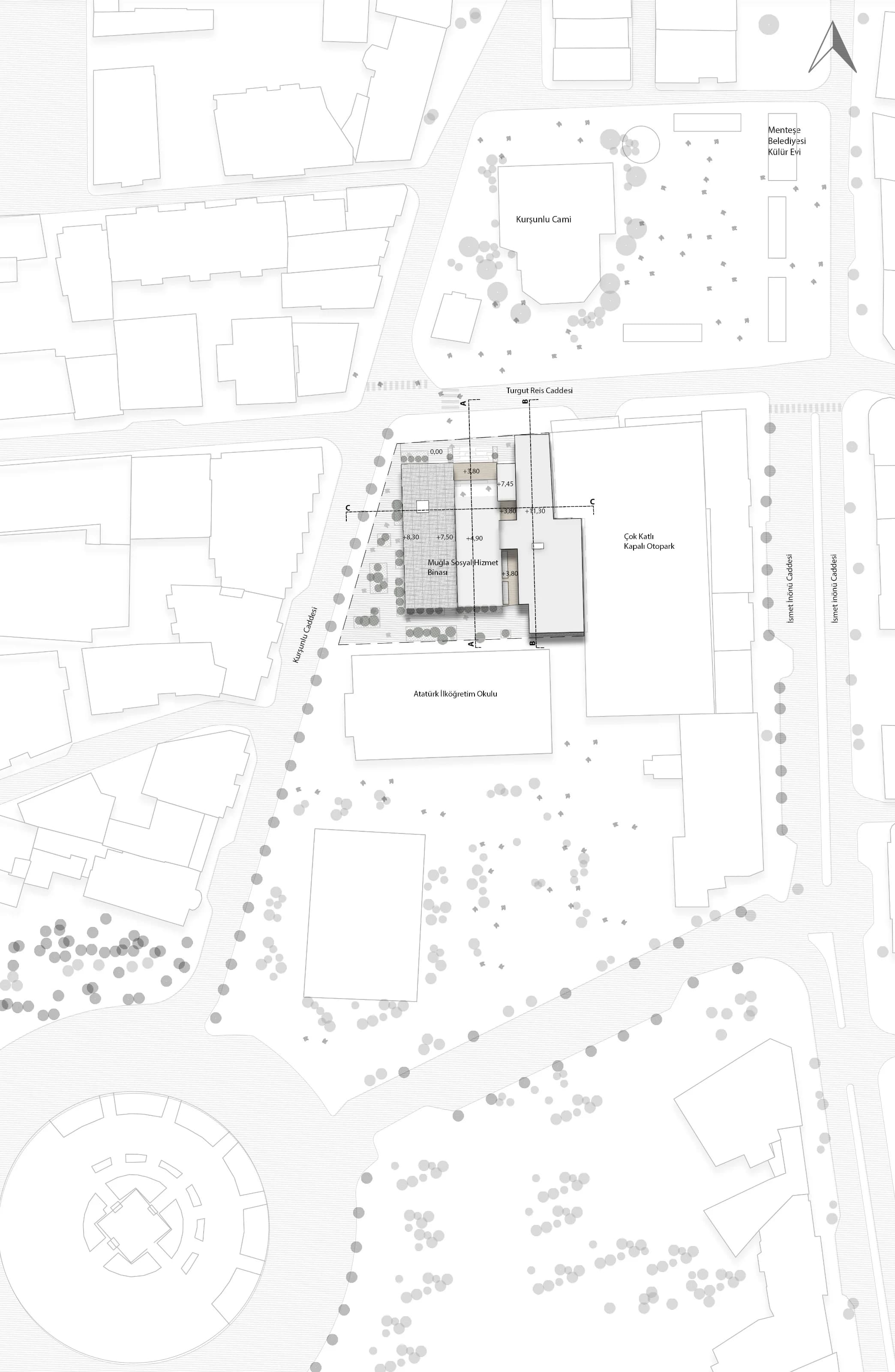 Site plan placing the building within the street fabric of the historic Menteşe district