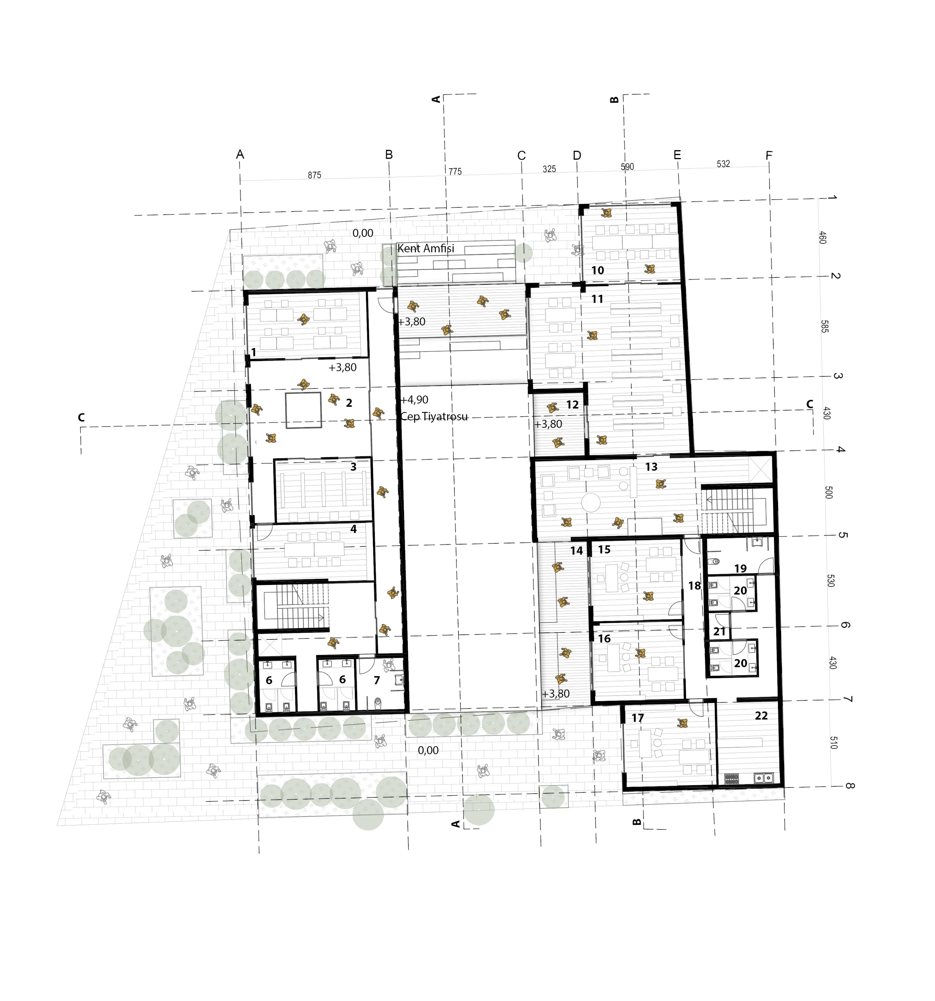 First floor plan showing the two wings arranged around the central courtyard