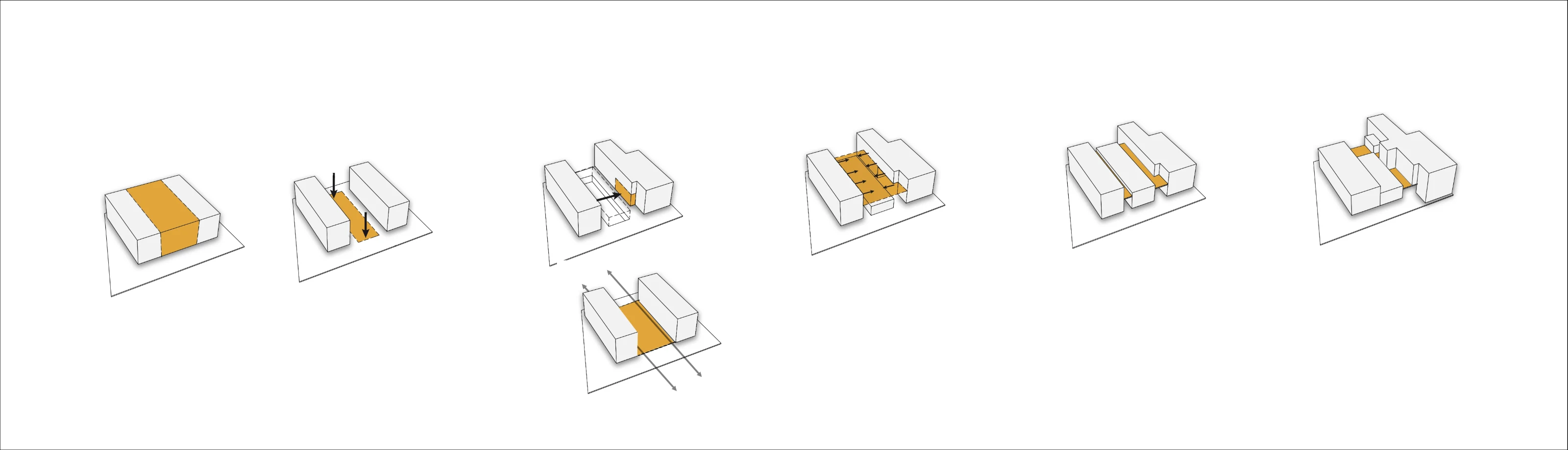 Massing diagram in steps, showing the block divided by two routes and opened around a courtyard