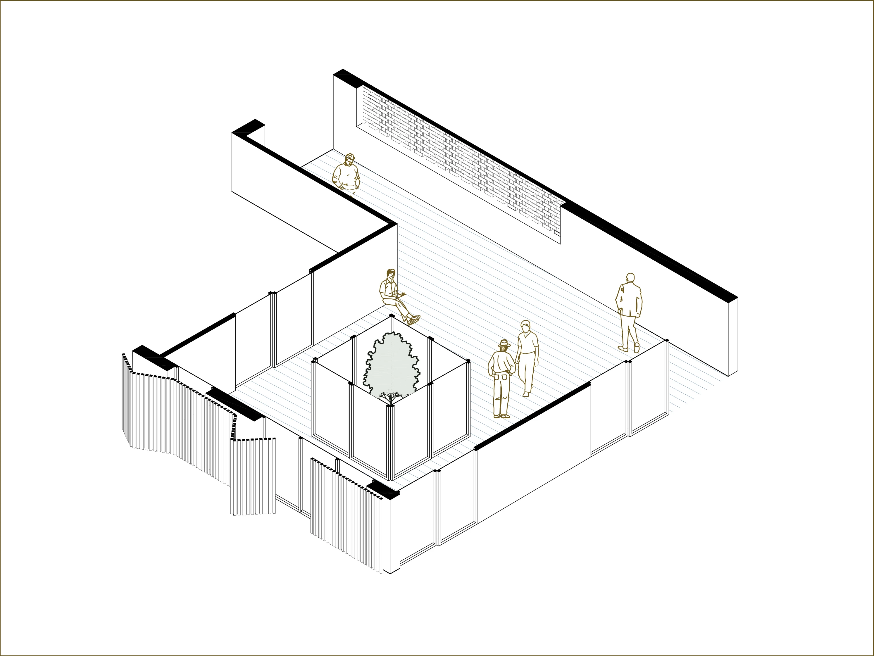 Axonometric of a shared terrace with folding timber shading panels and a central planter