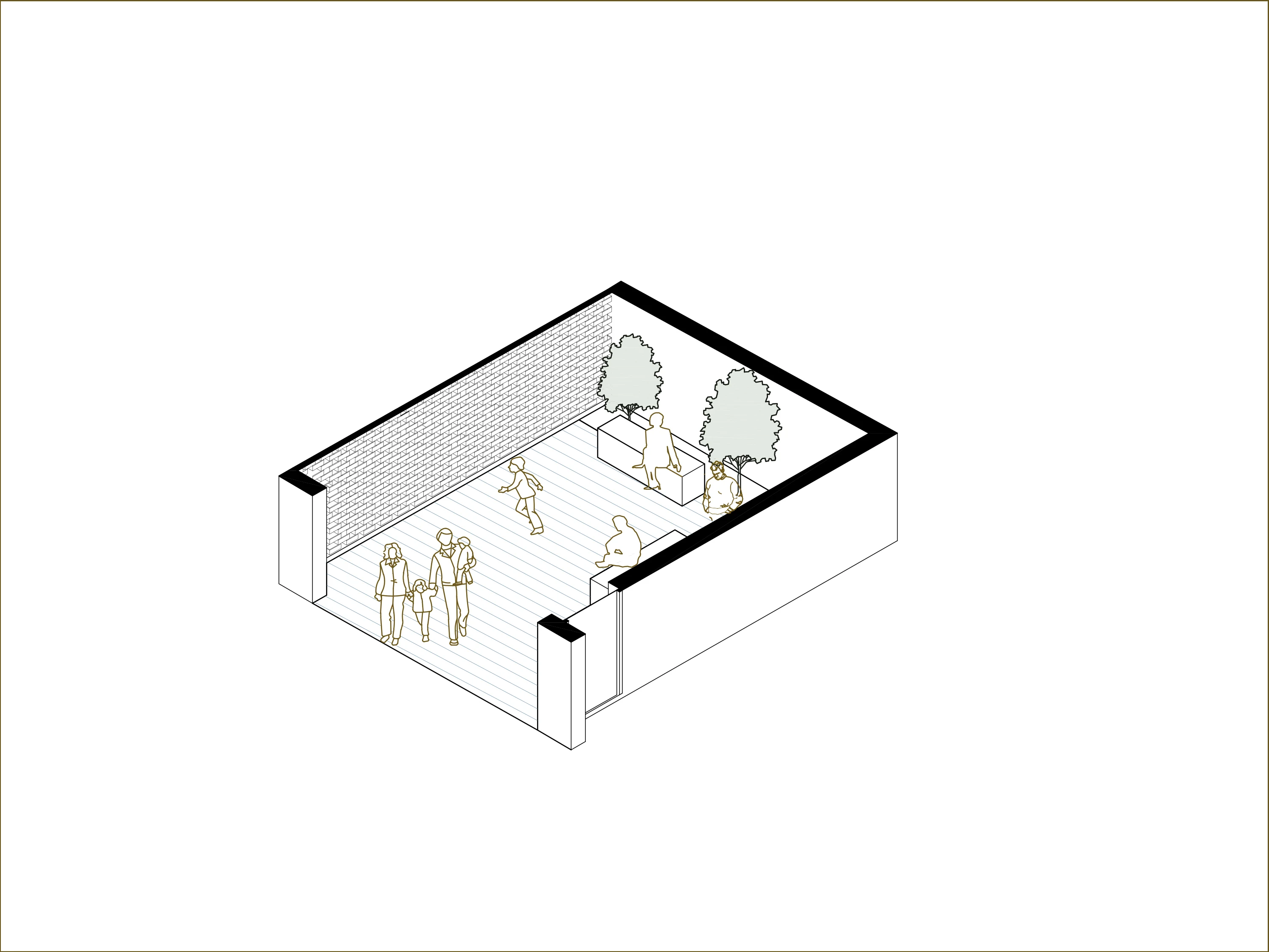 Axonometric of an enclosed courtyard with a perforated brick wall and space for play